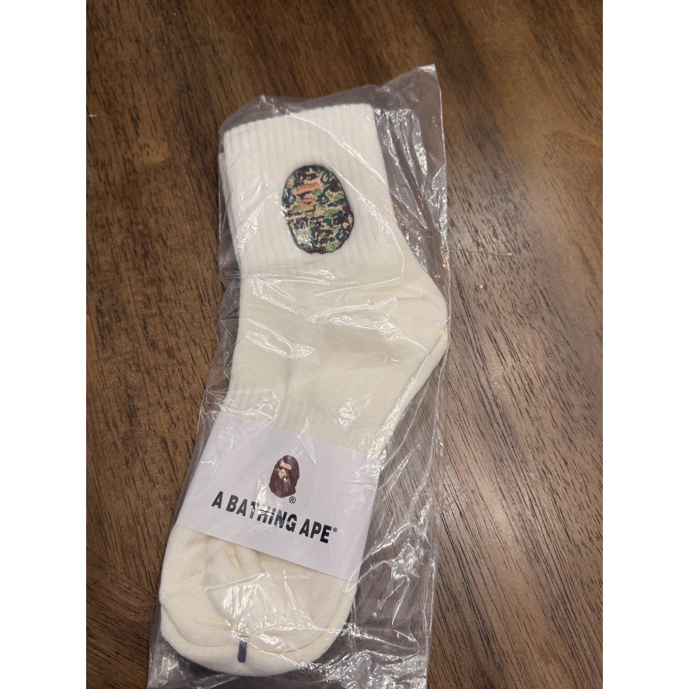 A Bathing Ape BAPE White Crew Socks Green Camo Ape Head Logo Patch New